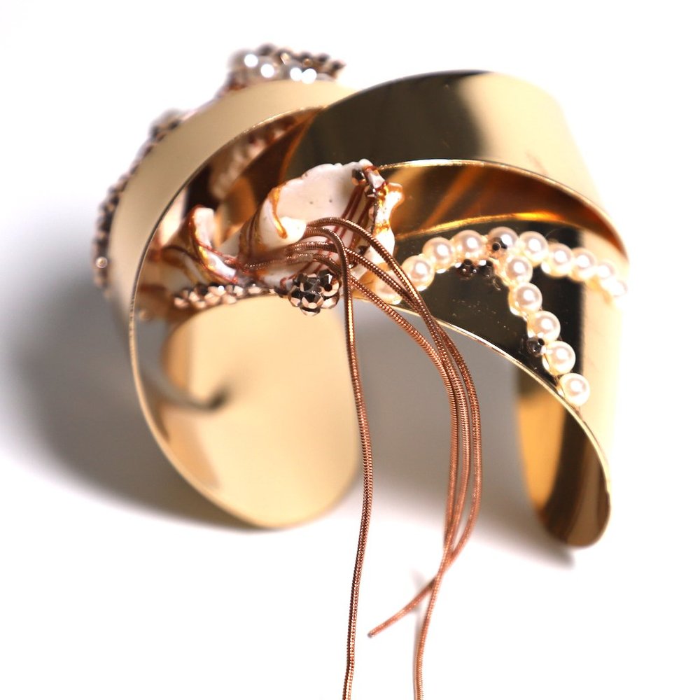 Gold Plated bangle bracelet with Stones and Genuine Pearls by Patricia Adelson